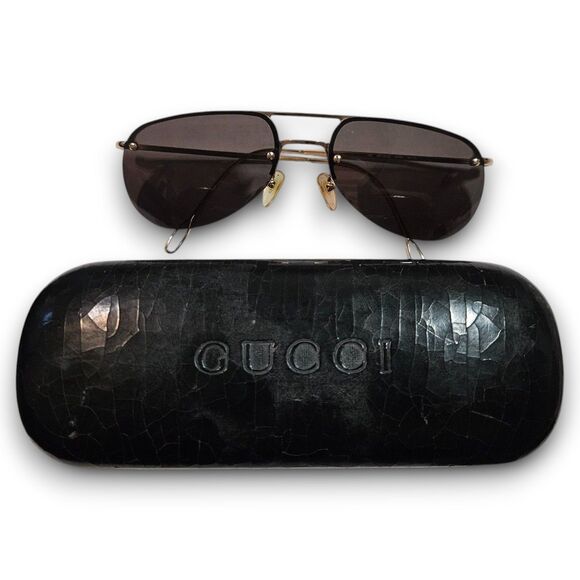 Gucci Aviator Style GG Gold Metal Frame & Black Lens Vintage Sunglasses w/ Case - Picture 2 of 12